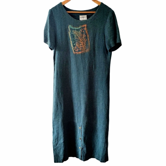 Studio Ease Vintage Linen Maxi Dress With Fall Leaf Stamp Lagon Look - Picture 1 of 7
